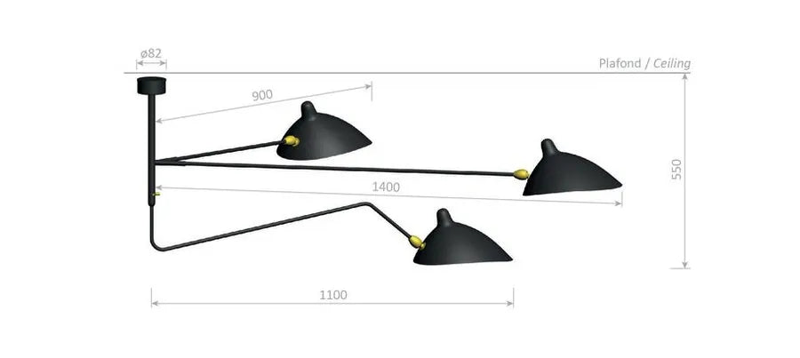 Ceiling Lamp w/2 Fixed Arms & 1 Curved Rotating Arm af Serge Mouille - 2 - Jacobsen Plus