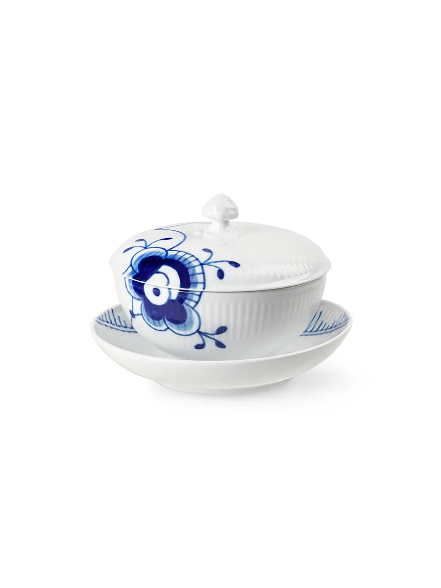 Royal Copenhagen Blau Mega Riflet, Schale m. Deckel und Untertasse 38 cl - 1 - Jacobsen Plus