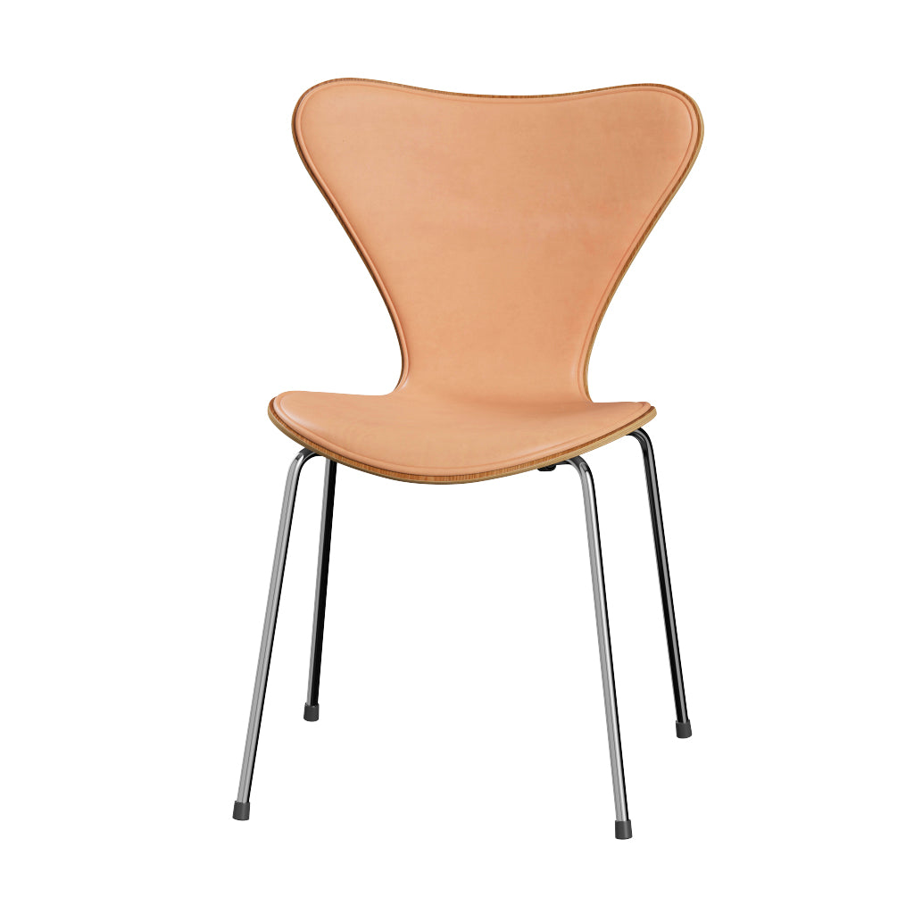 Fritz Hansen - 3107 stol, naturfiner og forsidepolstret i Natur læder - Elm - Krom stel - Jacobsen Plus