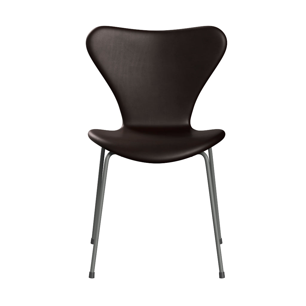 Fritz Hansen - 3107 stol, fuldpolstret i Grace læder - Dark Brown læder - Silver Grey stel - Jacobsen Plus