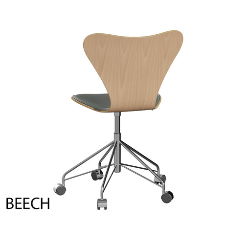 Fritz Hansen - 3117 Bürostuhl, Naturfurnier und Vorderseite gepolstert in Grace Leder - Buche - Schwarz Leder - Chromgestell - Jacobsen Plus