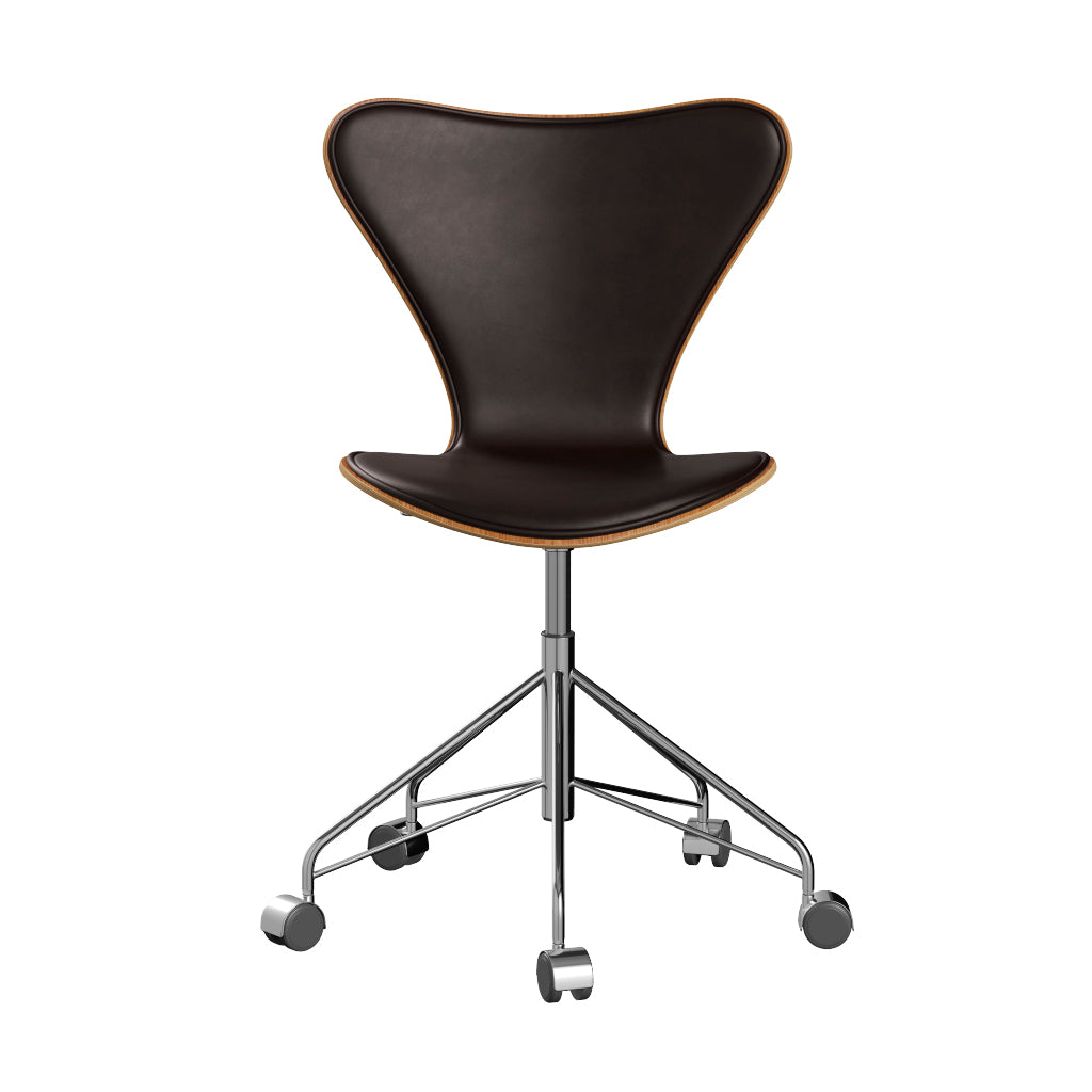 Fritz Hansen - 3117 kontorstol, naturfiner og forsidepolstret i Grace læder - Elm - Mørk brun læder - Krom stel - Jacobsen Plus