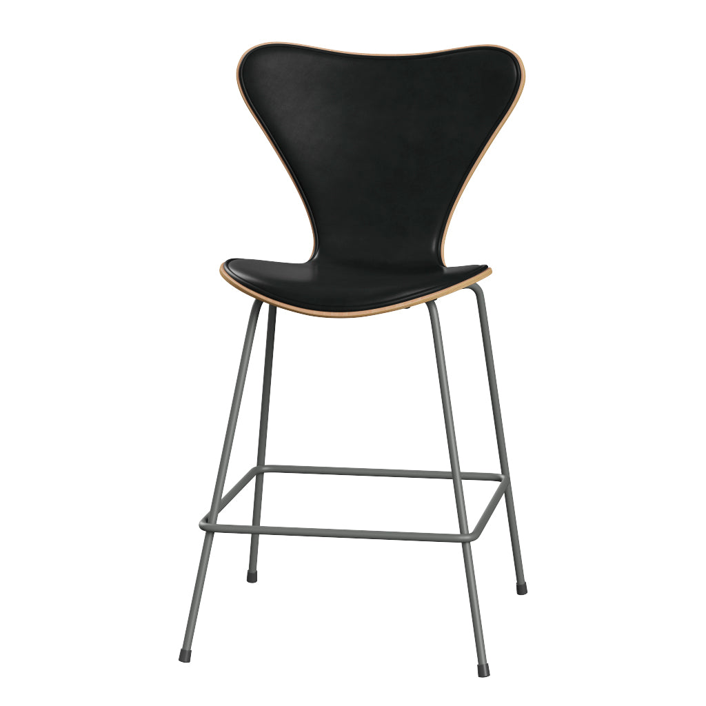Fritz Hansen - 3187 lav barstol, naturfiner og forsidepolstret i Grace læder - Bøg - Sort læder - Silver Grey stel - Jacobsen Plus