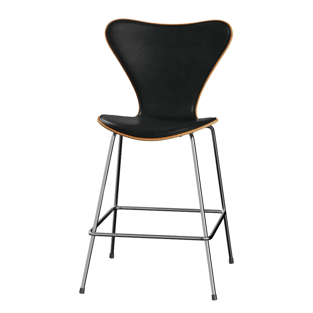 Fritz Hansen - 3187 lav barstol, naturfiner og forsidepolstret i Grace læder - Kirsebær - Sort læder - Krom stel - Jacobsen Plus