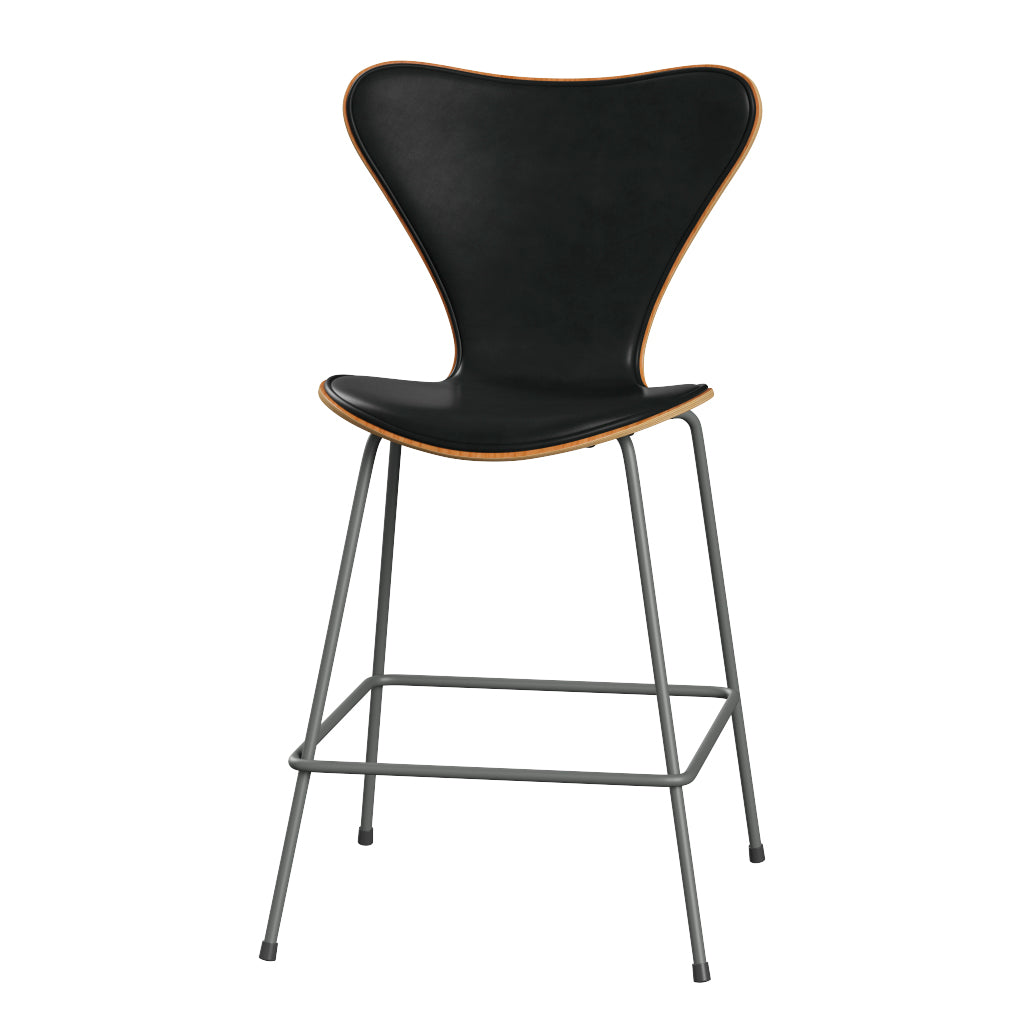 Fritz Hansen - 3187 lav barstol, naturfiner og forsidepolstret i Grace læder - Kirsebær - Sort læder - Silver Grey stel - Jacobsen Plus