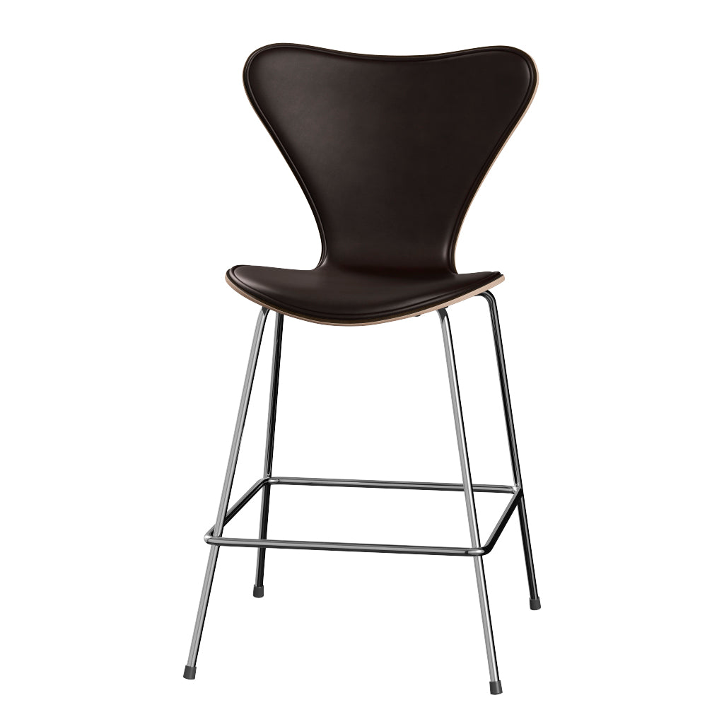 Fritz Hansen - 3187 lav barstol, naturfiner og forsidepolstret i Grace læder - Mørkbejdset eg - Mørk brun læder - Krom stel - Jacobsen Plus