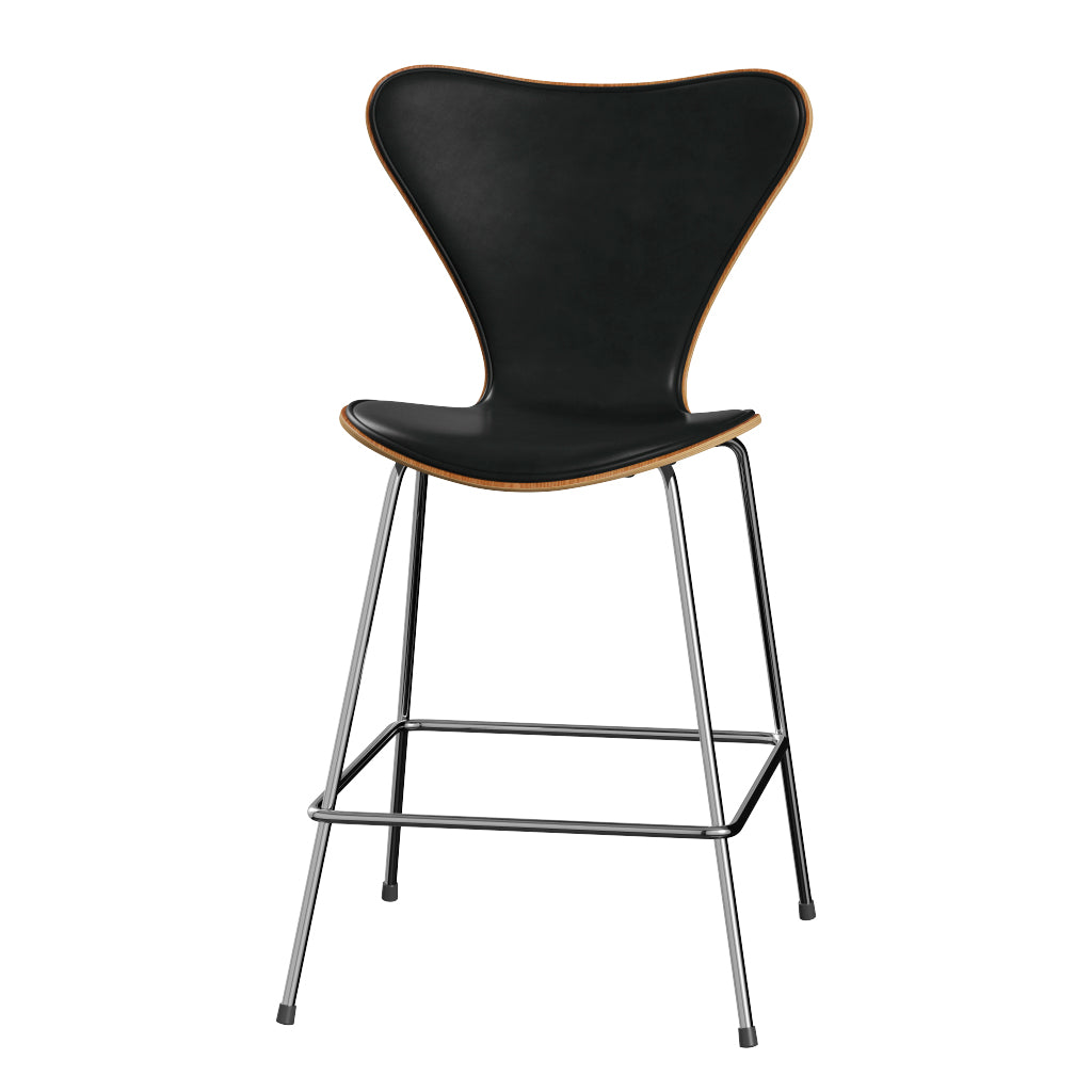 Fritz Hansen - 3187 lav barstol, naturfiner og forsidepolstret i Grace læder - Elm - Sort læder - Krom stel - Jacobsen Plus