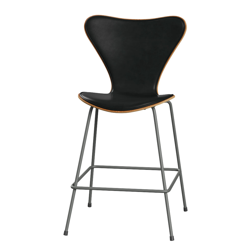 Fritz Hansen - 3187 lav barstol, naturfiner og forsidepolstret i Grace læder - Elm - Sort læder - Silver Grey stel - Jacobsen Plus