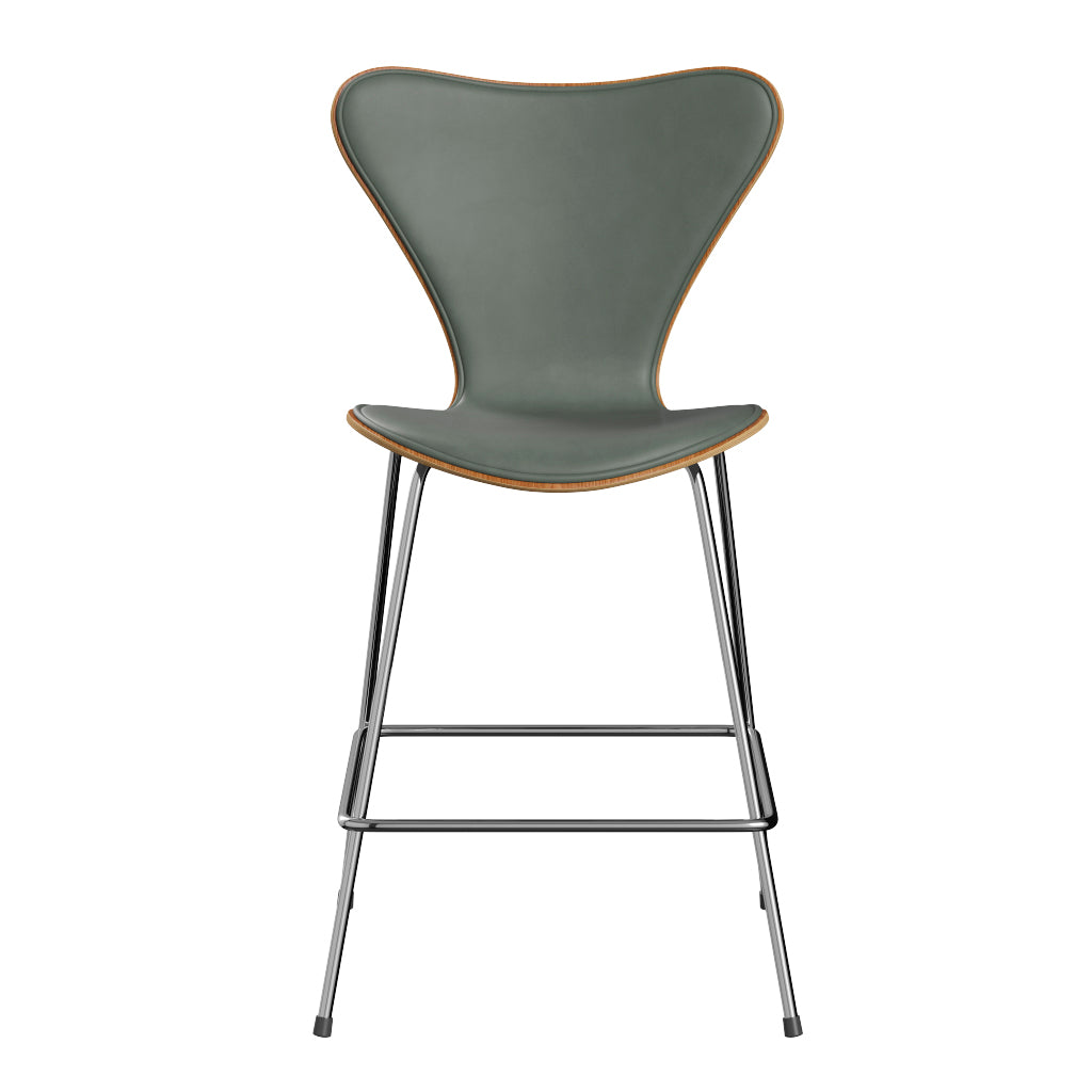 Fritz Hansen - 3187 lav barstol, naturfiner og forsidepolstret i Grace læder - Elm - Concrete Grey læder - Krom stel - Jacobsen Plus