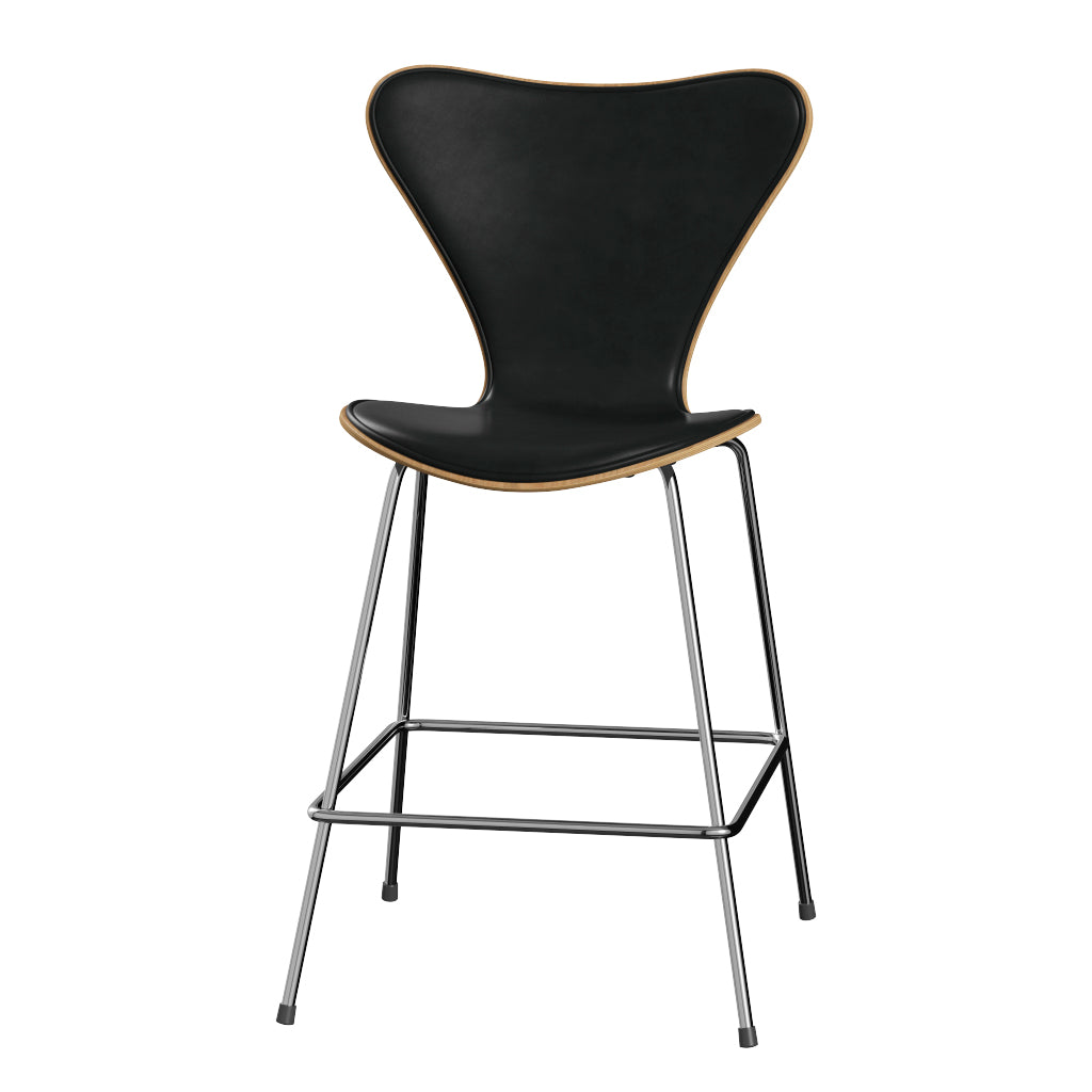 Fritz Hansen - 3187 lav barstol, naturfiner og forsidepolstret i Grace læder - Eg - Sort læder - Krom stel - Jacobsen Plus