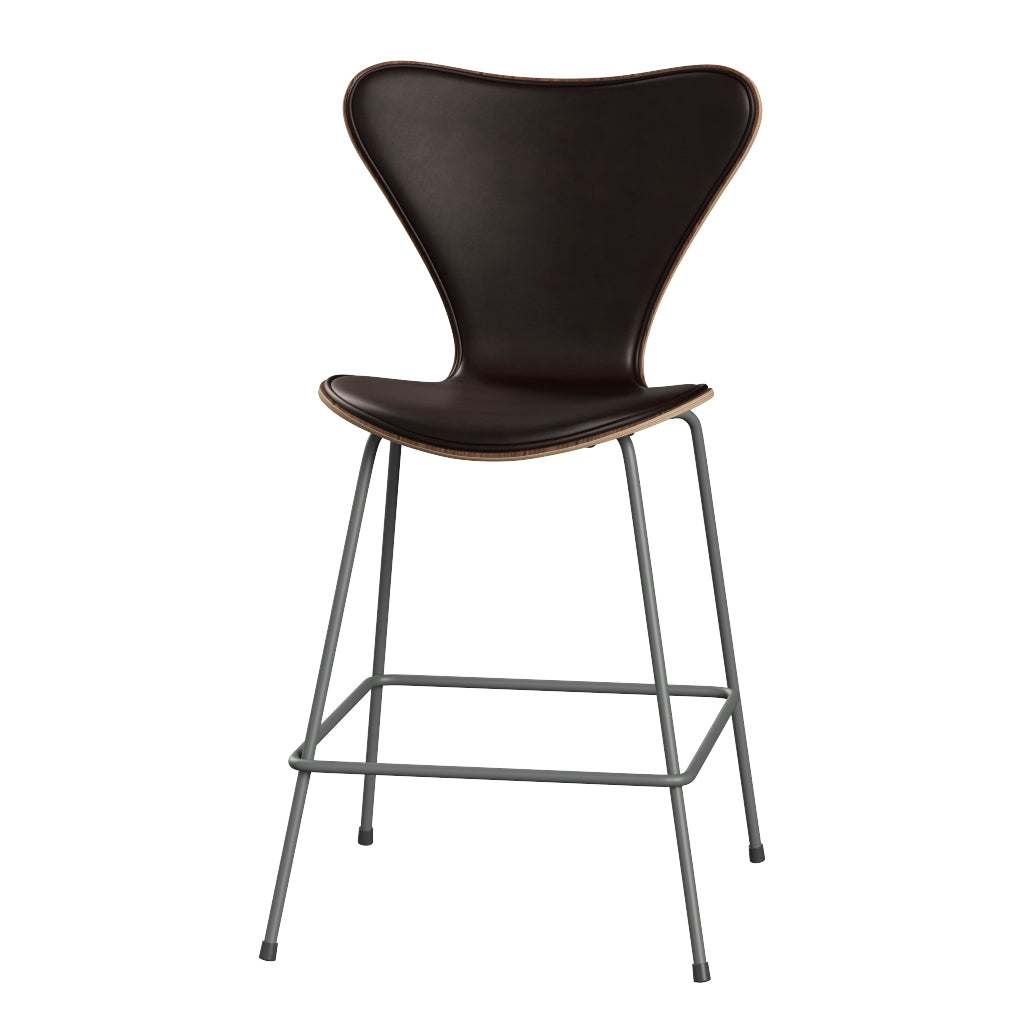 Fritz Hansen - 3187 lav barstol, naturfiner og forsidepolstret i Grace læder - Valnød - Mørk brun læder - Silver Grey stel - Jacobsen Plus