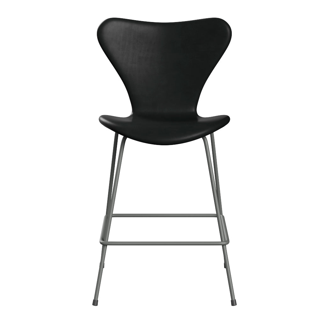 Fritz Hansen - 3187 lav barstol, fuldpolstret i Grace læder - Sort læder - Silver Grey stel - Jacobsen Plus