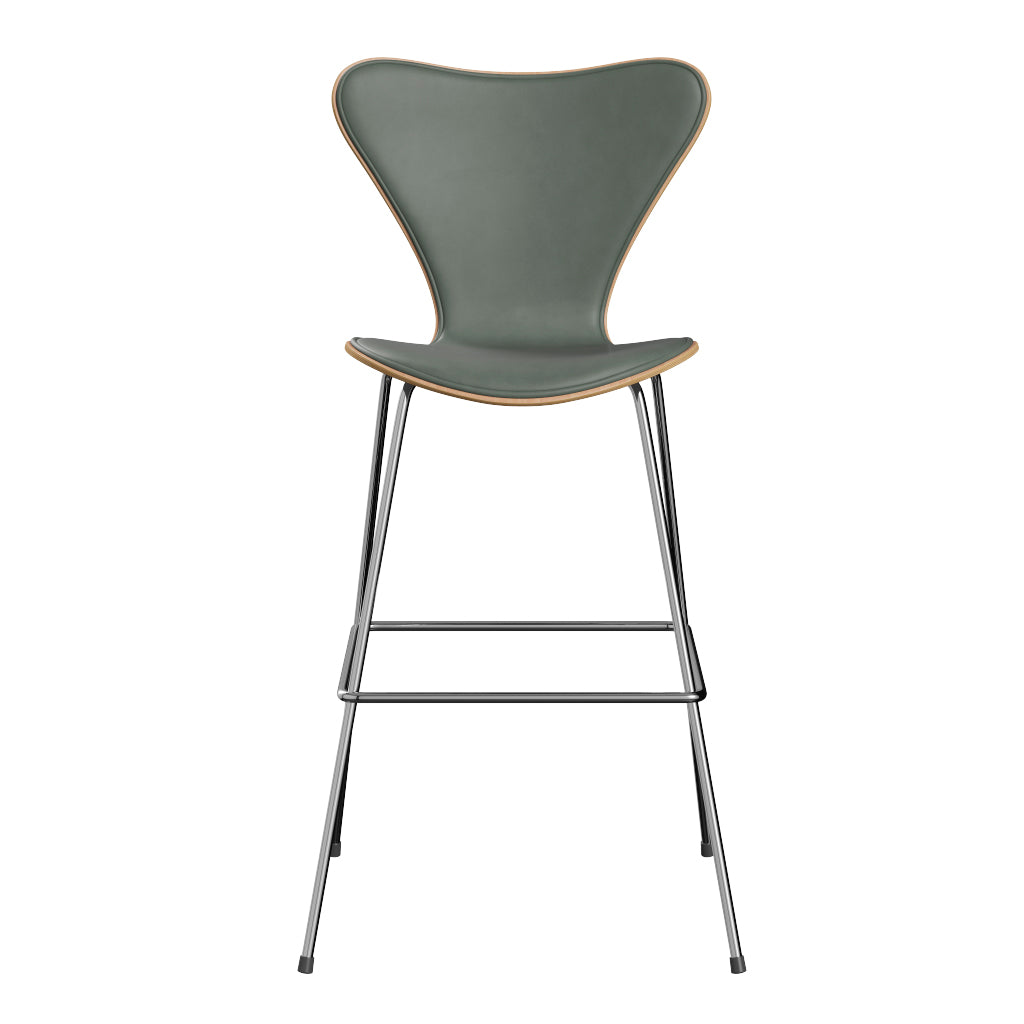 Fritz Hansen - 3197 høj barstol, naturfiner og forsidepolstret i Grace læder - Bøg - Concrete Grey læder - Krom stel - Jacobsen Plus