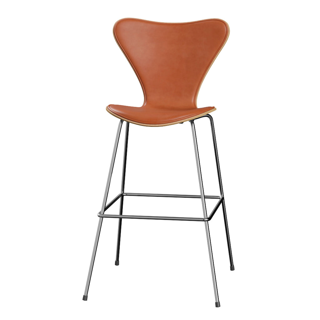 Fritz Hansen - 3197 høj barstol, naturfiner og forsidepolstret i Grace læder - Bøg - Valnød læder - Krom stel - Jacobsen Plus