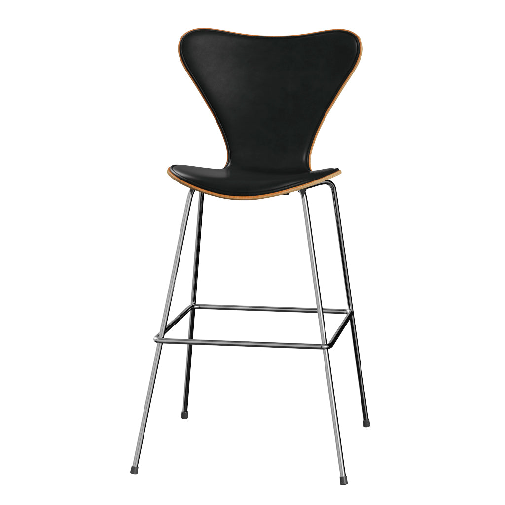 Fritz Hansen - 3197 høj barstol, naturfiner og forsidepolstret i Grace læder - Kirsebær - Sort læder - Krom stel - Jacobsen Plus