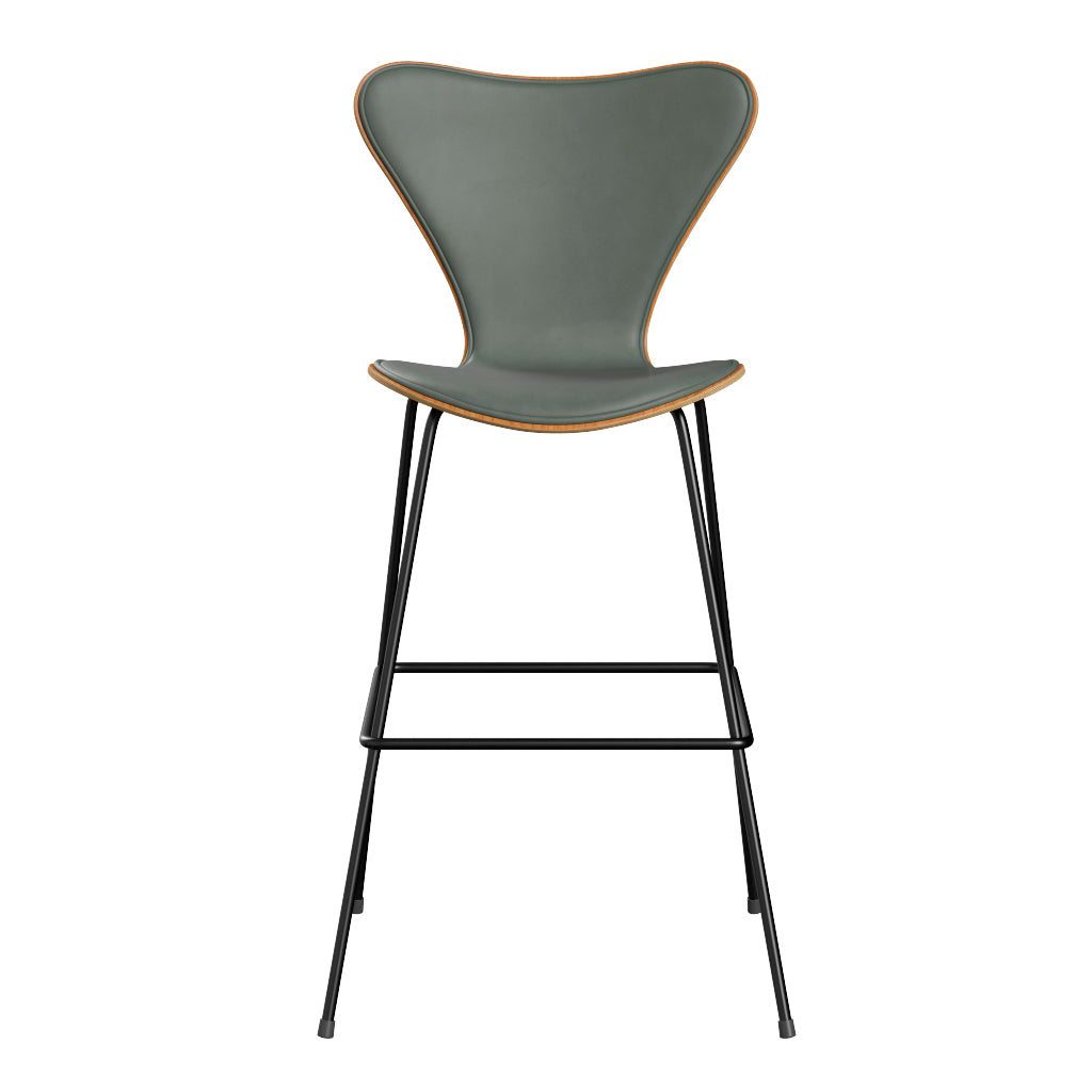 Fritz Hansen - 3197 høj barstol, naturfiner og forsidepolstret i Grace læder - Kirsebær - Concrete Grey læder - Sort stel - Jacobsen Plus