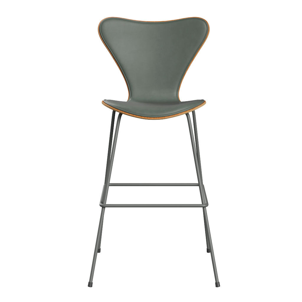 Fritz Hansen - 3197 høj barstol, naturfiner og forsidepolstret i Grace læder - Kirsebær - Concrete Grey læder - Silver Grey stel - Jacobsen Plus