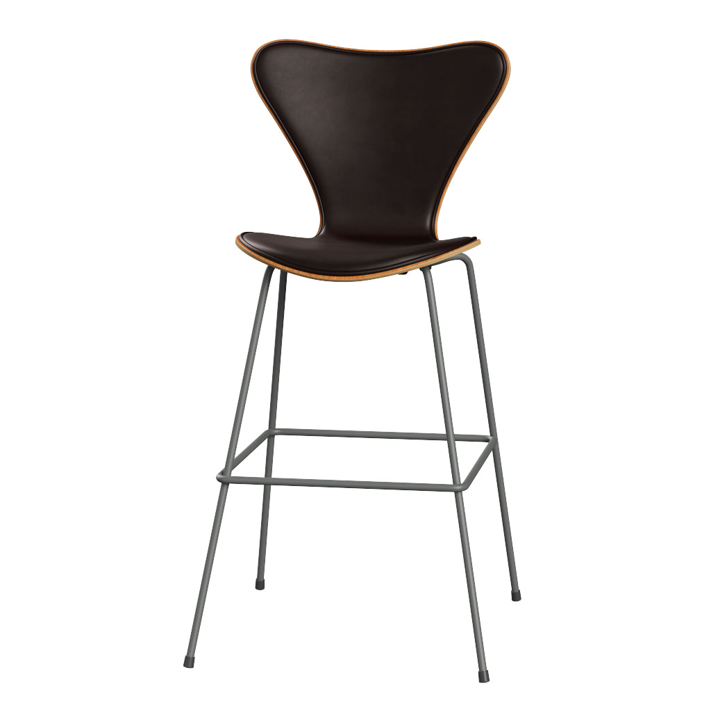 Fritz Hansen - 3197 høj barstol, naturfiner og forsidepolstret i Grace læder - Kirsebær - Mørk brun læder - Silver Grey stel - Jacobsen Plus