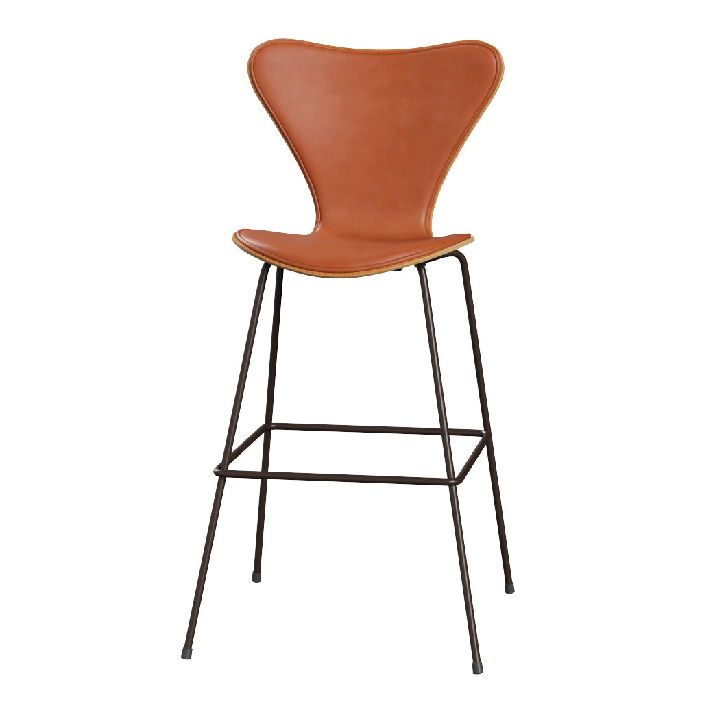 Fritz Hansen - 3197 høj barstol, naturfiner og forsidepolstret i Grace læder - Kirsebær - Valnød læder - Brown Bronze stel - Jacobsen Plus