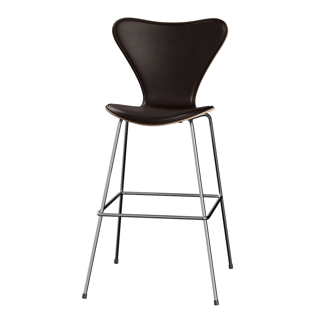 Fritz Hansen - 3197 høj barstol, naturfiner og forsidepolstret i Grace læder - Mørkbejdset eg - Mørk brun læder - Krom stel - Jacobsen Plus