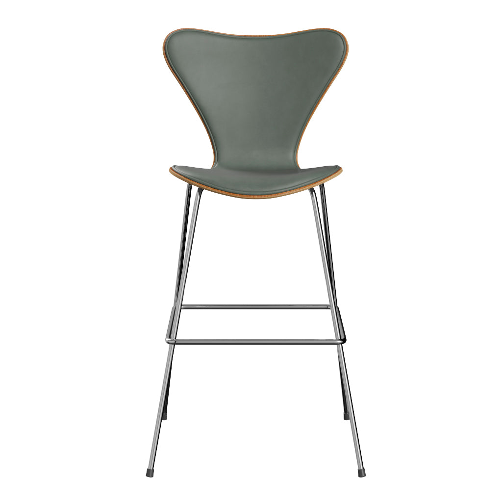 Fritz Hansen - 3197 høj barstol, naturfiner og forsidepolstret i Grace læder - Elm - Concrete Grey læder - Krom stel - Jacobsen Plus