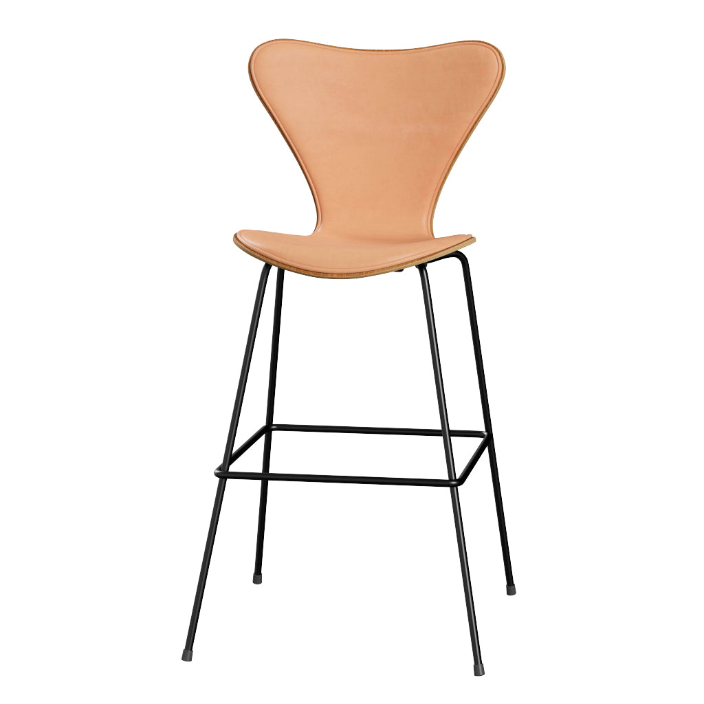 Fritz Hansen - 3197 høj barstol, naturfiner og forsidepolstret i Natur læder - Elm - Sort stel - Jacobsen Plus