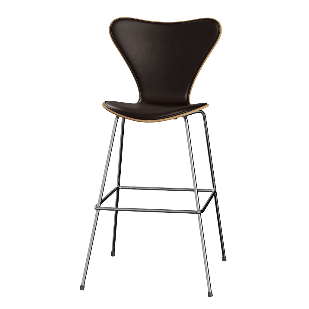 Fritz Hansen - 3197 høj barstol, naturfiner og forsidepolstret i Grace læder - Eg - Mørk brun læder - Krom stel - Jacobsen Plus