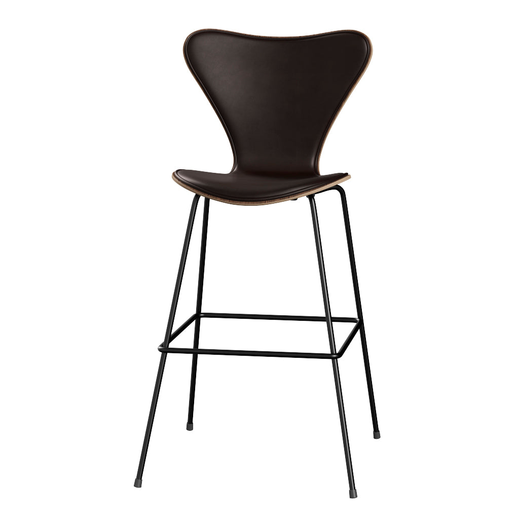 Fritz Hansen - 3197 høj barstol, naturfiner og forsidepolstret i Grace læder - Valnød - Mørk brun læder - Sort stel - Jacobsen Plus
