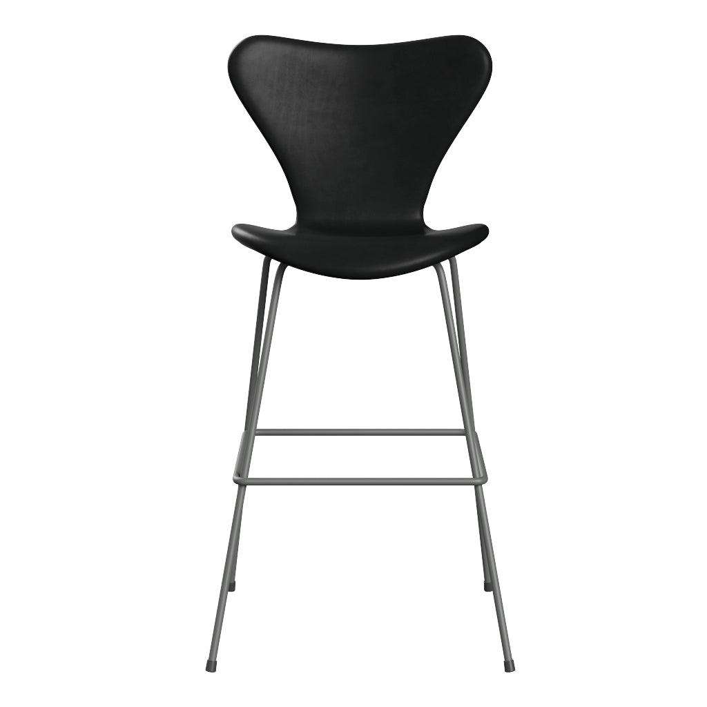 Fritz Hansen - 3197 høj barstol, fuldpolstret i Grace læder - Sort læder - Silver Grey stel - Jacobsen Plus