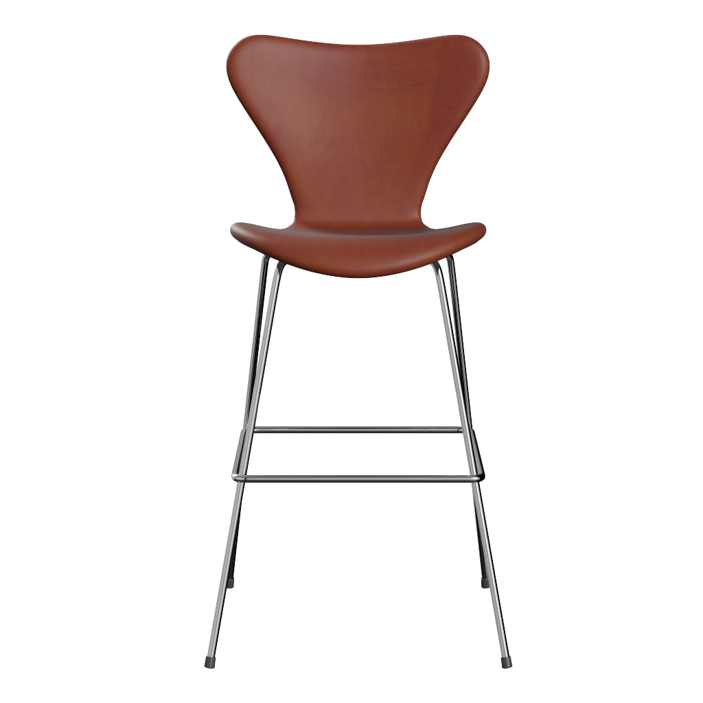 Fritz Hansen - 3197 høj barstol, fuldpolstret i Grace læder - Kastanjebrun læder - Krom stel - Jacobsen Plus