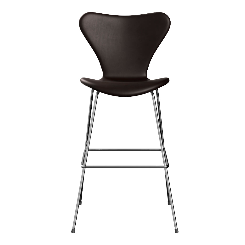 Fritz Hansen - 3197 høj barstol, fuldpolstret i Grace læder - Mørk brun læder - Krom stel - Jacobsen Plus