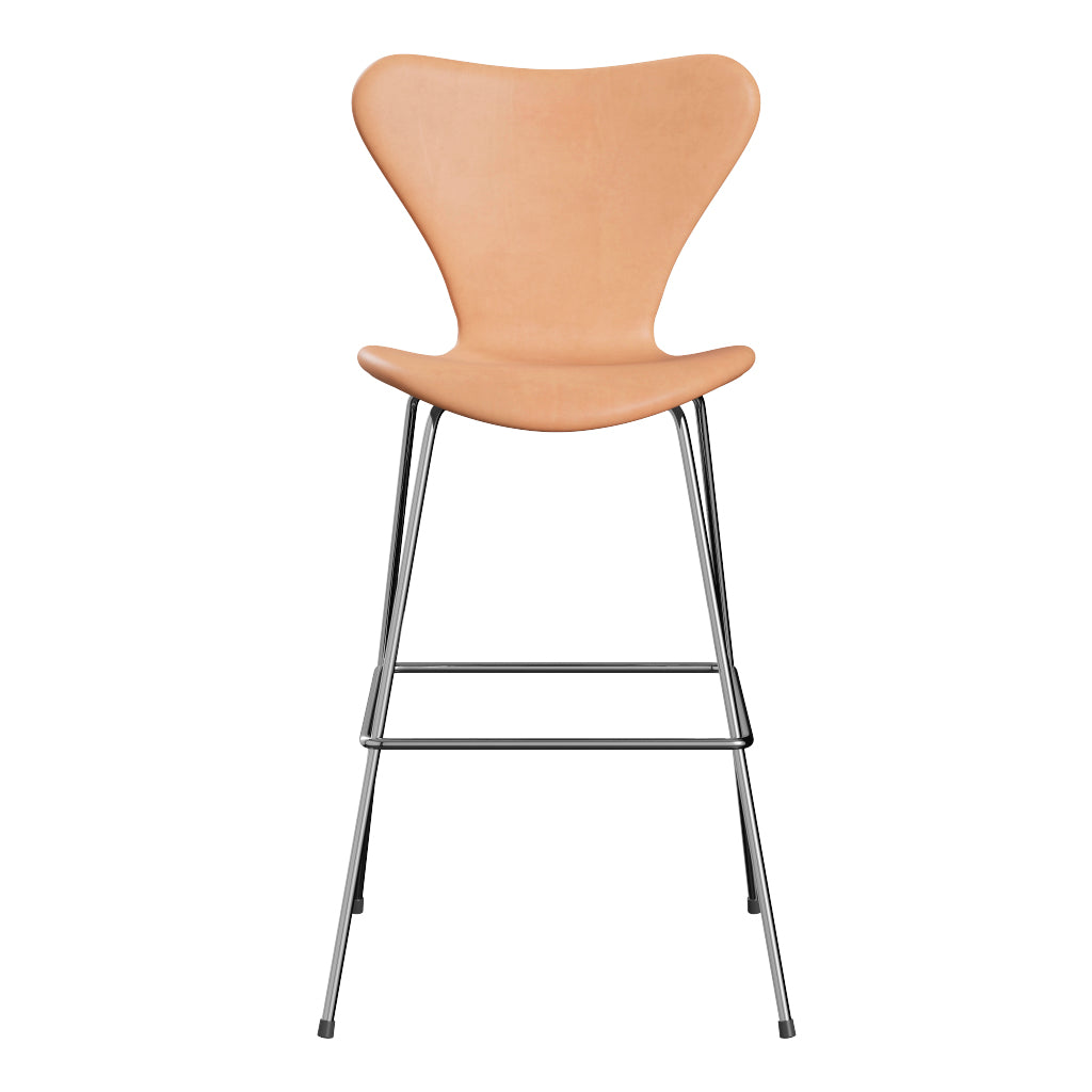 Fritz Hansen - 3197 høj barstol, fuldpolstret i Natur læder - Krom stel - Jacobsen Plus