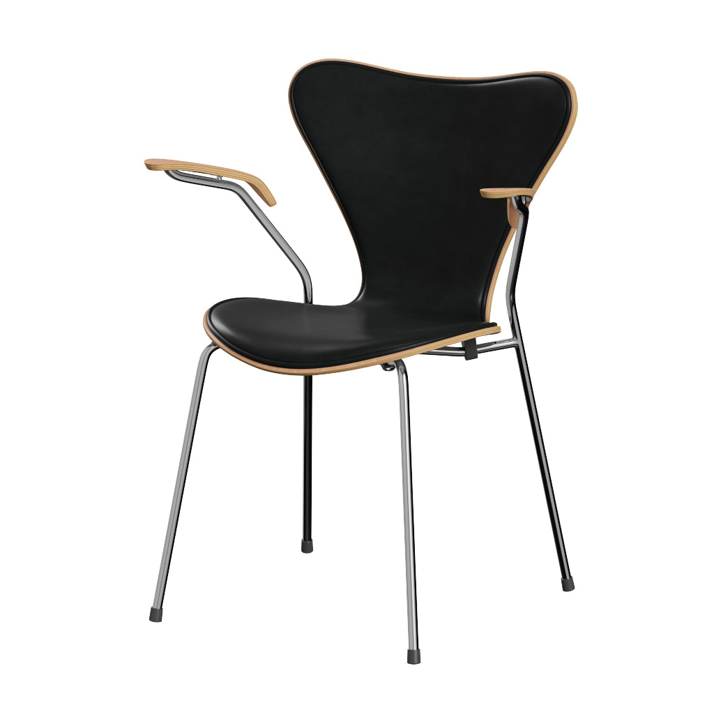 Fritz Hansen - 3207 Stuhl mit Armlehnen, Naturfurnier und Vorderseite gepolstert in Grace Leder - Buche - Schwarz Leder - Chromgestell - Jacobsen Plus
