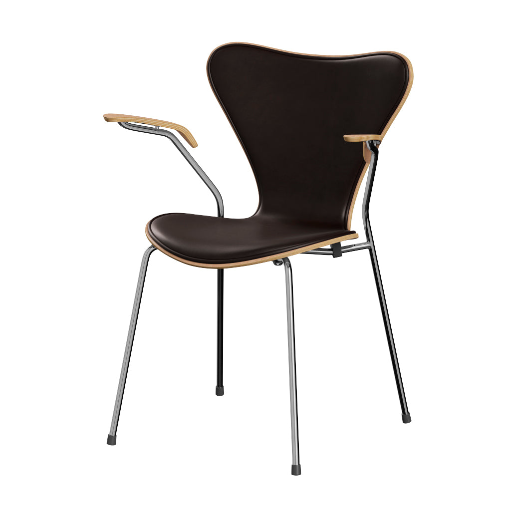 Fritz Hansen - 3207 Stuhl mit Armlehnen, Naturfurnier und Vorderseite gepolstert in Grace Leder - Buche - Dunkelbraunes Leder - Chromgestell - Jacobsen Plus