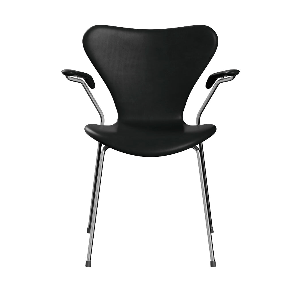 Fritz Hansen - 3207 stol med armlæn, fuldpolstret i Grace læder - Black læder - Chrome stel - Jacobsen Plus
