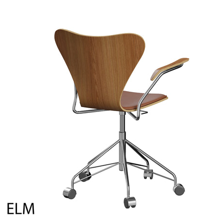 Fritz Hansen - 3217 Bürostuhl mit Armlehnen, Naturfurnier und Vorderseite gepolstert in Grace Leder - Buche - Schwarz Leder - Chromgestell - Jacobsen Plus