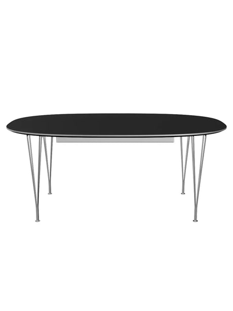 Piet Hein B619 Superellipse Ausziehtisch, 180/300 x 120 cm von Fritz Hansen - Schwarz Laminat mit Alukant / Verchromter Stahl - Jacobsen Plus