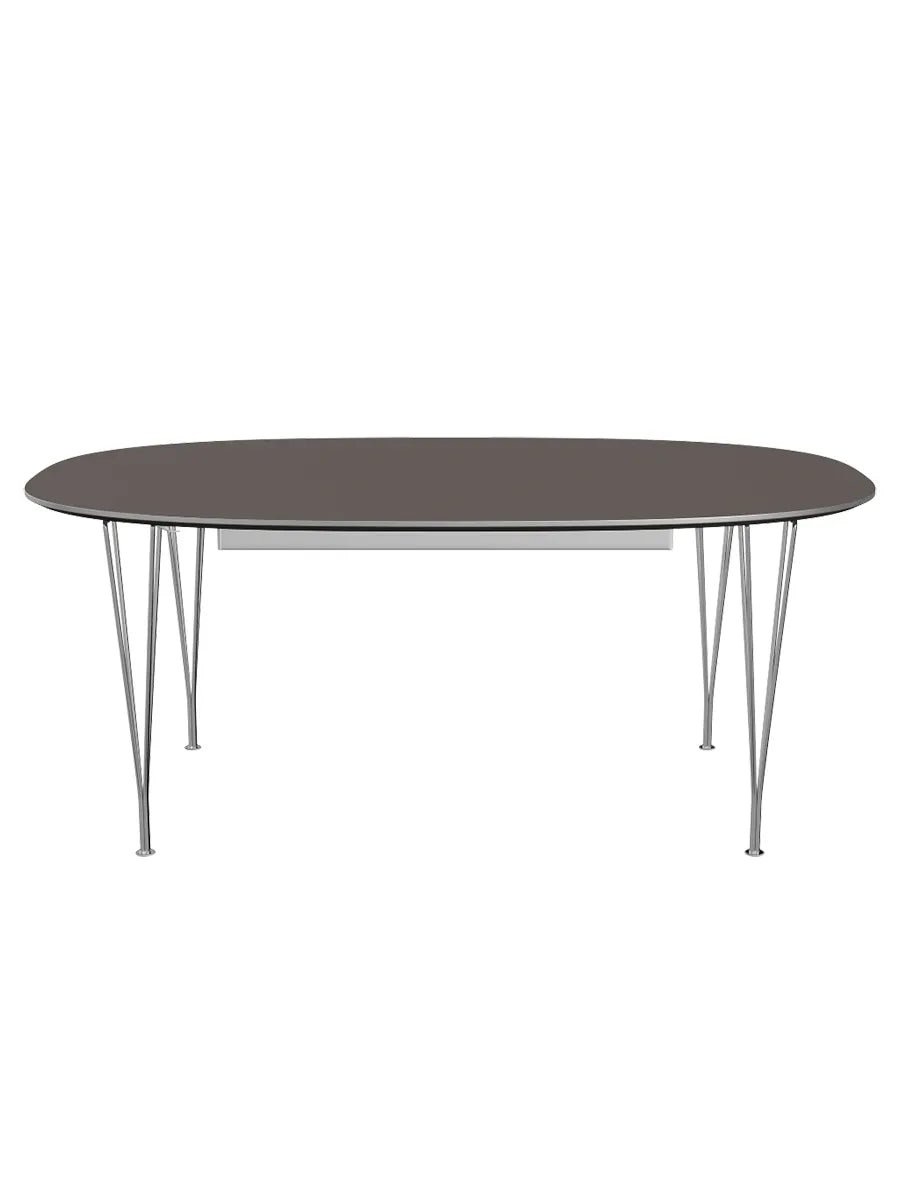 Piet Hein B619 Superellipse udtræksbord, 180/300 x 120 cm fra Fritz Hansen - Grå laminat m. alukant / Forkromet stål - Jacobsen Plus