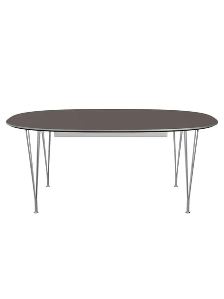 Piet Hein B619 Superellipse Ausziehtisch, 180/300 x 120 cm von Fritz Hansen - Graues Laminat mit Alukante / Verchromter Stahl - Jacobsen Plus