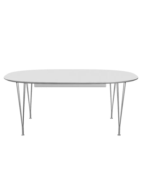 Piet Hein B619 Superellipse Ausziehtisch, 180/300 x 120 cm von Fritz Hansen - Weißes Laminat mit Alukante / Verchromter Stahl - Jacobsen Plus