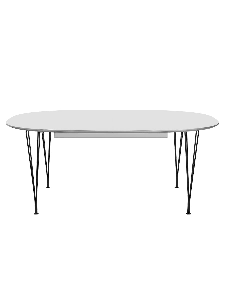 Piet Hein B619 Superellipse Ausziehtisch, 180/300 x 120 cm von Fritz Hansen - Weißes Laminat m. Alukant - Schwarzes Gestell - Jacobsen Plus