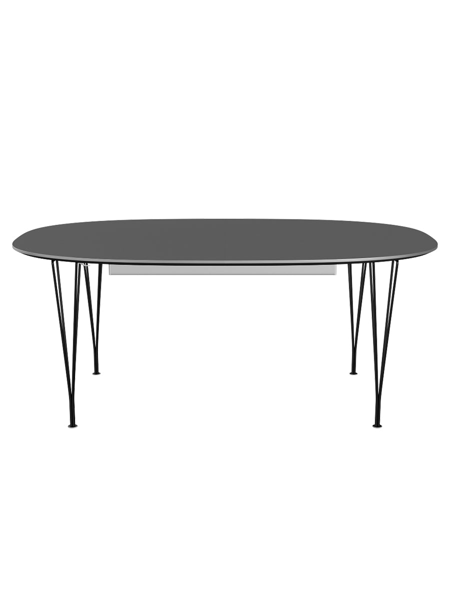 Piet Hein B619 Superellipse Ausziehtisch, 180/300 x 120 cm von Fritz Hansen - Graues Laminat mit Alukante - Schwarzes Gestell - Jacobsen Plus