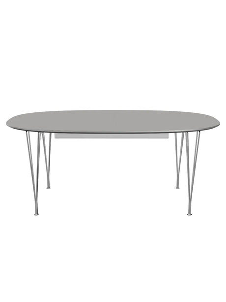 Piet Hein B619 Superellipse Ausziehtisch, 180/300 x 120 cm von Fritz Hansen - Grauer Efeso mit Aluminiumkante (Sonderfarbe) / Verchromter Stahl - Jacobsen Plus
