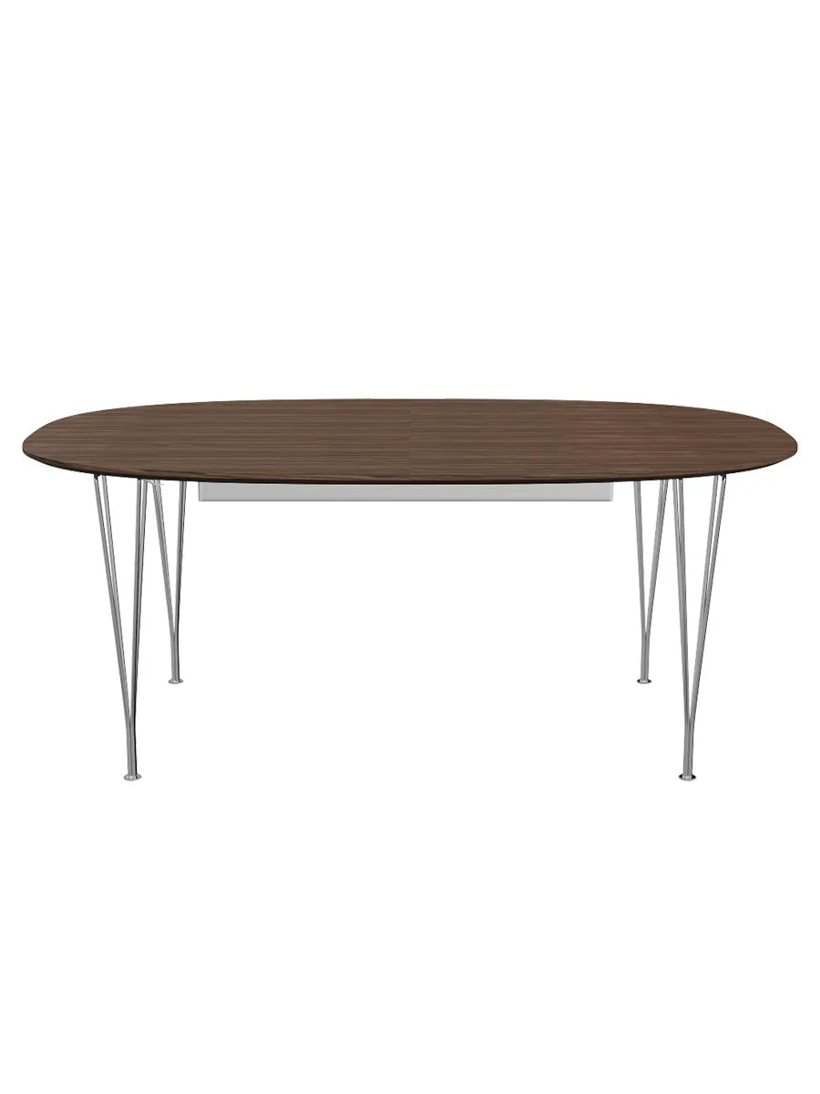 Piet Hein B619 Superellipse udtræksbord, 180/300 x 120 cm fra Fritz Hansen - Valnød finér m. finérkant / Forkromet stål - Jacobsen Plus