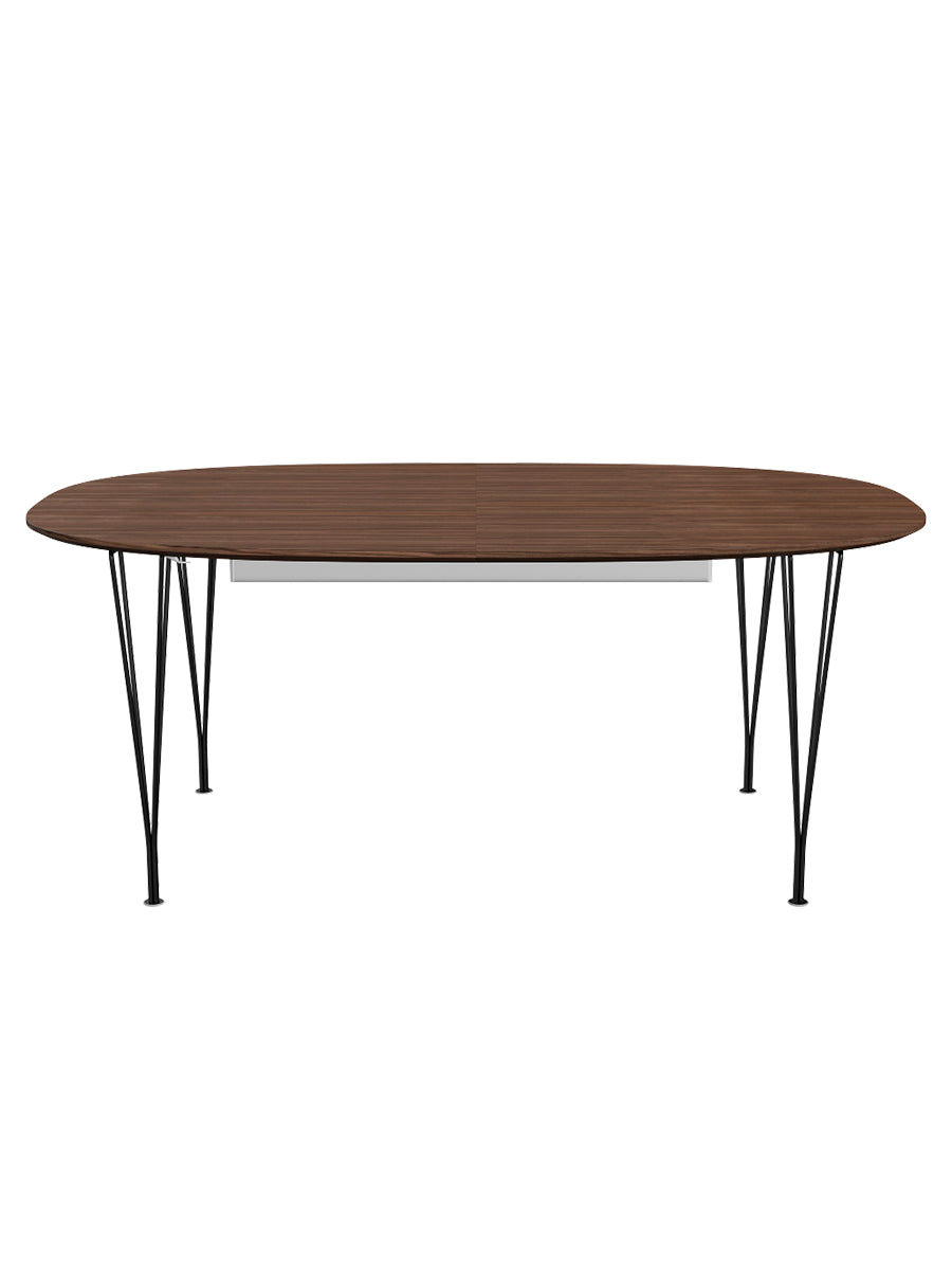 Piet Hein B619 Superellipse Ausziehtisch, 180/300 x 120 cm von Fritz Hansen - Walnussfurnier mit Furnierkante - Schwarzes Gestell - Jacobsen Plus