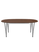 Piet Hein B619 Superellipse Ausziehtisch, 180/300 x 120 cm von Fritz Hansen - Walnussfurnier mit Furnierkante - Schwarzes Gestell - Jacobsen Plus