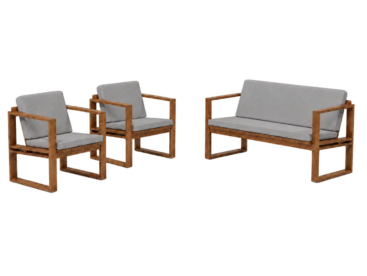 Bodil Kjær Outdoor Loungeset in geöltem Teak mit 1 Bank und 2 Lounge-Sesseln inkl. grauen Kissen von Carl Hansen & Søn - 1 - Jacobsen Plus