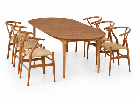 Hans J. Wegner Esstischset, 1 x Special Edition CH338 Esstisch in Teak/Eiche Mix, 6 x CH24 Wishbone Chairs in Teak von Carl Hansen & Søn - Jacobsen Plus