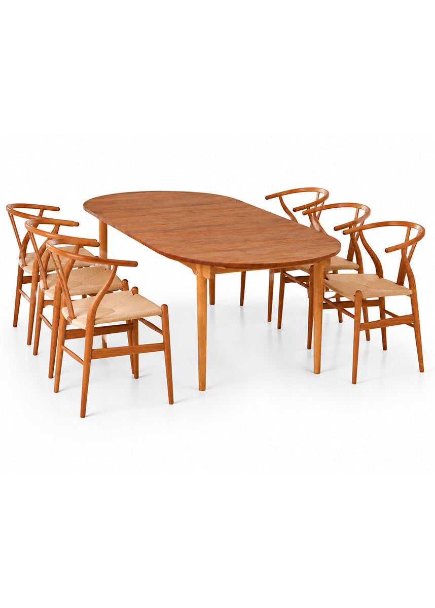 Hans J. Wegner Esstischset, 1 x Special Edition CH338 Esstisch in Teak/Eiche Mix, 6 x CH24 Wishbone Chairs in Teak von Carl Hansen & Søn - 1 - Jacobsen Plus