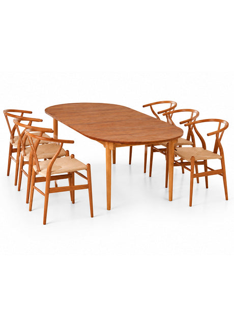 Hans J. Wegner Esstischset, 1 x Special Edition CH338 Esstisch in Teak/Eiche Mix, 6 x CH24 Wishbone Chairs in Teak von Carl Hansen & Søn - Jacobsen Plus